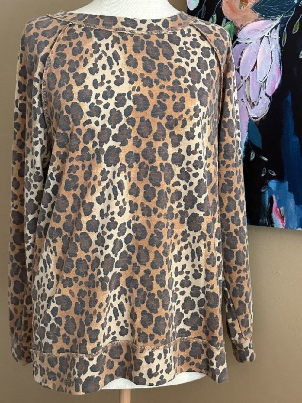 Caslon Leopard Print Tunic Sweatshirt Top Brown Animal Print Size L